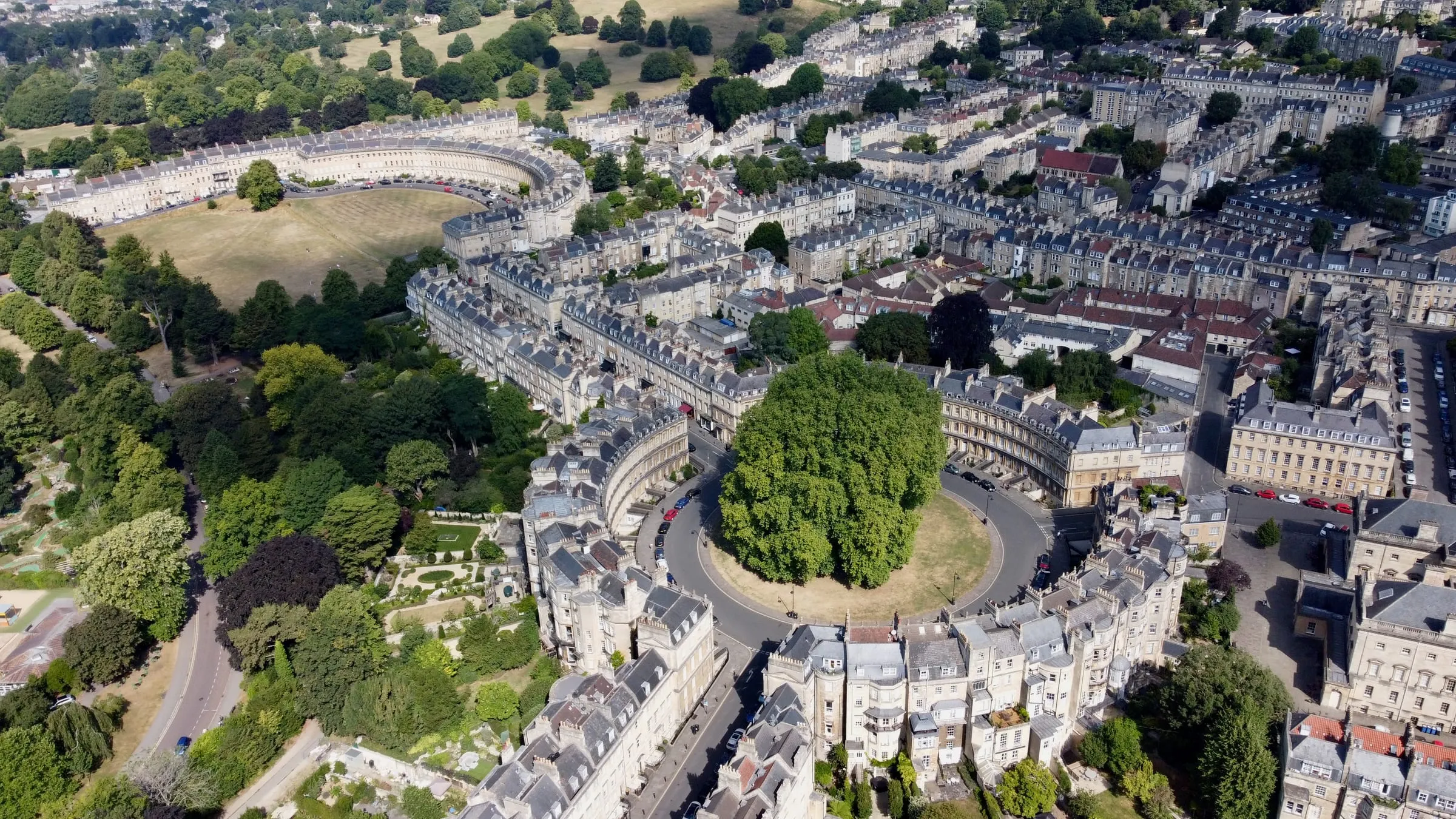 The Circus and the Royal Crescent in Bath, seen from the air
