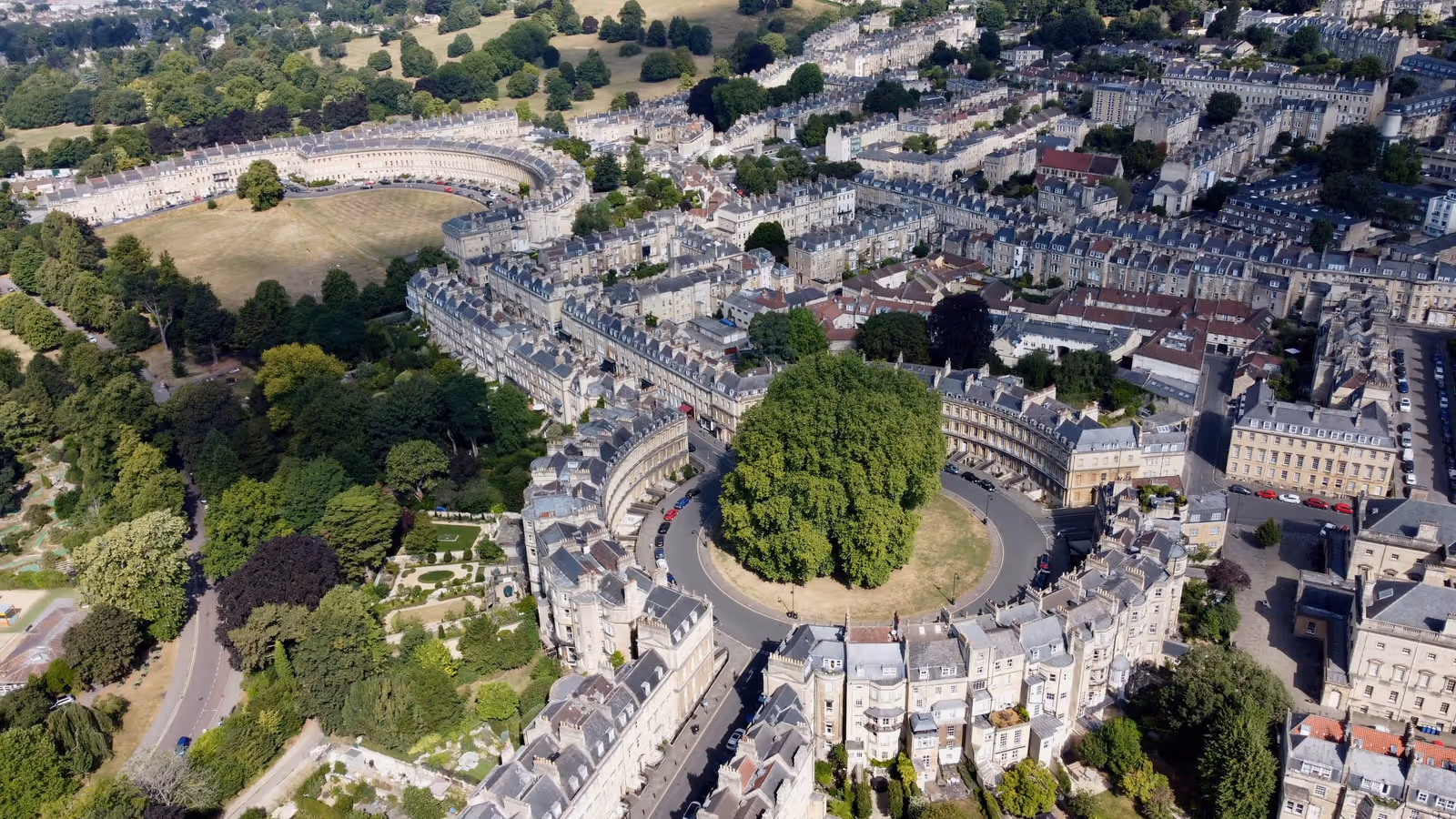 The Circus and the Royal Crescent in Bath, seen from the air